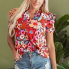 Women's Brown Flower Print Self Tie Frilled Collar Puff Sleeve Blouse - Image 7