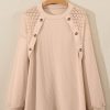 Women's Plus Size Beige Lace Patchwork Buttons Waffle Knit Top - Image 6