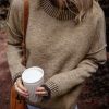 Women's Pale Khaki Contrast Trim Mock Neck Drop Shoulder Sweater - Image 3