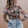 Women's Brown Floral High Neck Long Sleeve Sheath Blouse - Image 3