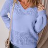 Women's Sky Blue V Neck Drop Shoulder Sweater with Eyelet Pattern Detail - Image 4