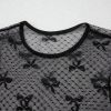 Women's Black Sheer Mesh Long Sleeve Top with Charming Bow Pattern - Image 12