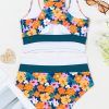 Women's Green Floral Print 2-Piece Bikini - Racerback Cutout High Waist Swimsuit - Image 12