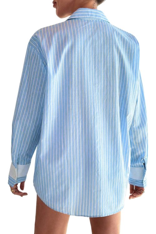 Women's Sky Blue Stripe Contrast Cuffed Sleeve Casual Shirt with Patch Pocket