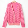 Women's Pink Striped Buttoned V Neck Drop Shoulder Cardigan - Elegant Fall Sweater - Image 9