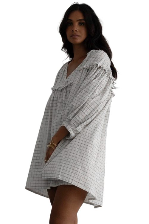 Women's White Stripe Checkered Frilled V Neck Bracelet Sleeve Babydoll Dress