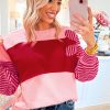 Trendy Women's Pink Floral Patch Color Block Top with Striped Sleeves - Image 2