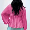 Women's Bright Pink Bubble Sleeve Turn-down V Neck Corded Blouse - Image 2