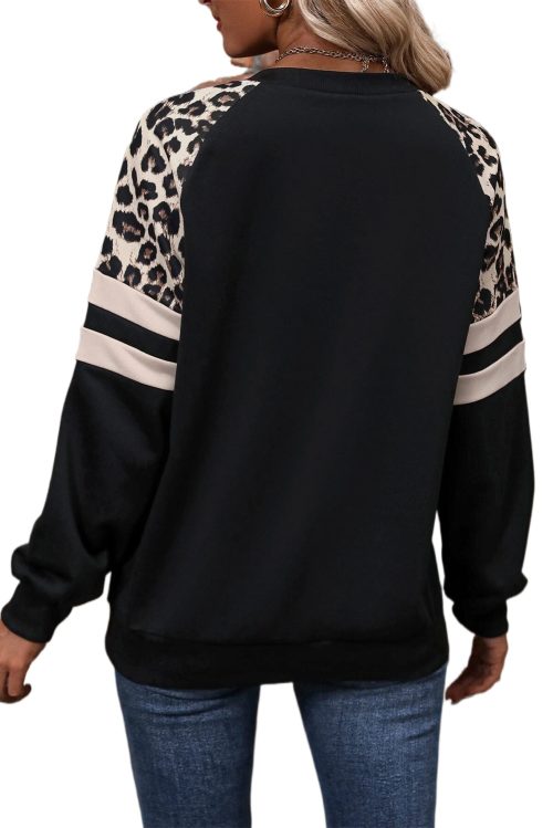 Women's Black Leopard Print Colorblock Raglan Sleeve Sweatshirt