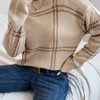 Women's Khaki Plaid Pattern Knitted Long Sleeve Drop Shoulder Sweater - Image 7