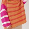 Women's Vibrant Orange Stripe Colorblock Crew Neck Drop Shoulder Loose Sweater - Image 3