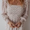 Women's White Floral Print Shirred Ruffled Hem Square Neck Midi Dress - Image 8