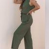 Women's Vineyard Green Buttoned Drawstring Waist Sleeveless Wide Leg Jumpsuit - Image 3