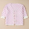 Women's Light Pink Checkered Knitted Lace-Up Ruffled 3/4 Sleeve Cardigan - Image 10