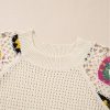 Women's Apricot Hollow Out Floral Crochet Short Sleeve Crewneck Sweater - Image 6