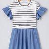 Chic Women's Black Stripe Ruffle Denim Patchwork Mini Dress - Image 13