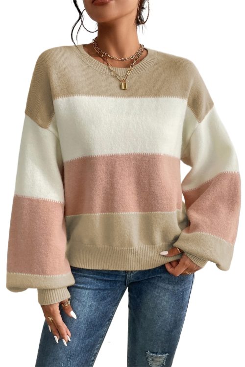 Women's Dusty Pink Color Block Lantern Sleeve Drop Shoulder Sweater