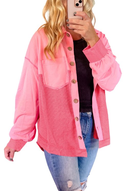 Women's Peach Blossom Two Tone Waffle Knit Buttoned Shacket