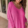 Women's Rose Red Waffle Knit V Neck Loose Fit Top with Side Slits - Image 5