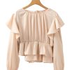 Women's Oatmeal Lace-up Keyhole Back Ruffled Peplum Blouse – Elegant Long Sleeve Top - Image 17