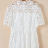 Elegant White Short Sleeve Scalloped Floral Lace Peplum Blouse for Women - Image 7