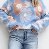 Women's Beau Blue Floral O Neck Drop Shoulder Knitted Sweater for Casual Elegance - Image 6