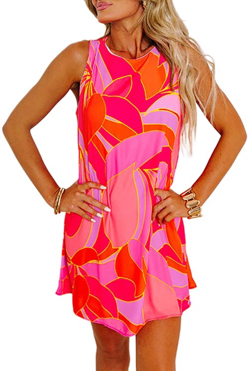 Women's Rose Abstract Floral Print Sleeveless Shift Mini Dress - Perfect for Summer