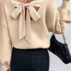 Women's Apricot Lantern Sleeve V Neck Knot Back Sweater - Image 2