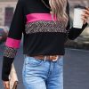 Women's Rose Leopard Colorblock Patchwork Crew Neck Long Sleeve Tee - Image 7