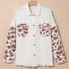 Women's White Cow Spot Patchwork Flap Pocket Distressed Hem Long Denim Jacket - Image 3