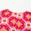 Women's Strawberry Pink Geometric Print Loose Blouse with Shirred Cuffs - Image 8