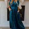 Women's Prussian Blue Velvet Short Sleeve Shirred Waist Tiered Maxi Dress - Elegant Boho Style - Image 3