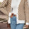 Women's Brown Checkered Striped Patched Buttoned V Neck Cardigan - Image 5