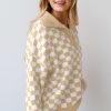 Women's Apricot Checkered Buttoned Collar V Neck Drop Shoulder Sweater - Image 3