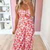 Women's Pink Floral Print Twisted Bandeau Keyhole Pleated Wide Leg Jumpsuit - Image 11