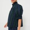 Elegant Green Stripe Plaid Puff Sleeve Blouse with Frilled Trim - Image 3