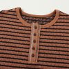 Women's Brown Stripe Textured Frilly Trim Long Sleeve Henley Top - Image 7