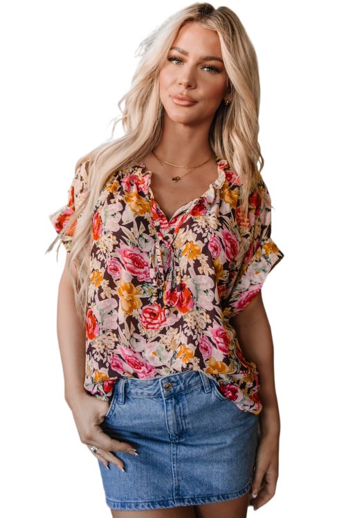 Charming Women's Pink Floral Print Crew Neck Short Sleeve Shift Blouse