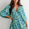 Chic Green Abstract Print Puff Sleeve V Neck High Waist Romper for Women - Image 6