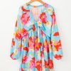 Sky Blue Floral Mini Dress with Empire Waist and Bishop Sleeves - Image 9