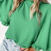 Chic Green Frilly Round Neck Blouse with Wide Half Sleeves for Women - Image 2