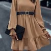 Women's Light French Beige Frilled Collar Ruffled Shoulder Mini Dress - Image 8