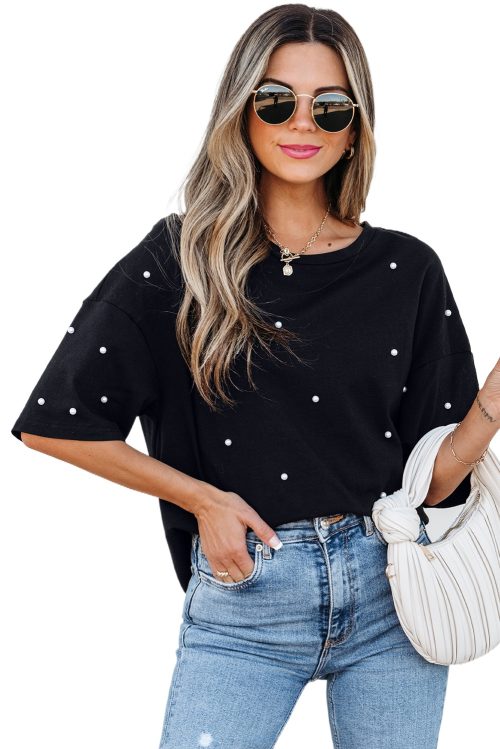 Women's Black Pearl Beaded Drop Shoulder Crewneck T-Shirt - Trendy Casual Tee