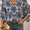 Women's Blue Vintage Floral Quarter Sleeve V Neck Blouse - Image 4