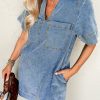 Women's Beau Blue Short Sleeve Collared Denim Mini Dress with Patched Pockets - Image 10