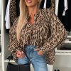 Women's Light French Beige Oversized Leopard Print Balloon Sleeve Casual Shirt - Image 3