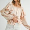 Women's Oatmeal Lace-up Keyhole Back Ruffled Peplum Blouse – Elegant Long Sleeve Top - Image 8