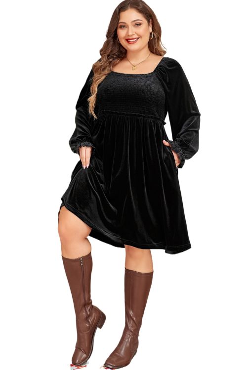 Plus Size Black Velvet Flounce Sleeve Shirred Bodice Babydoll Dress