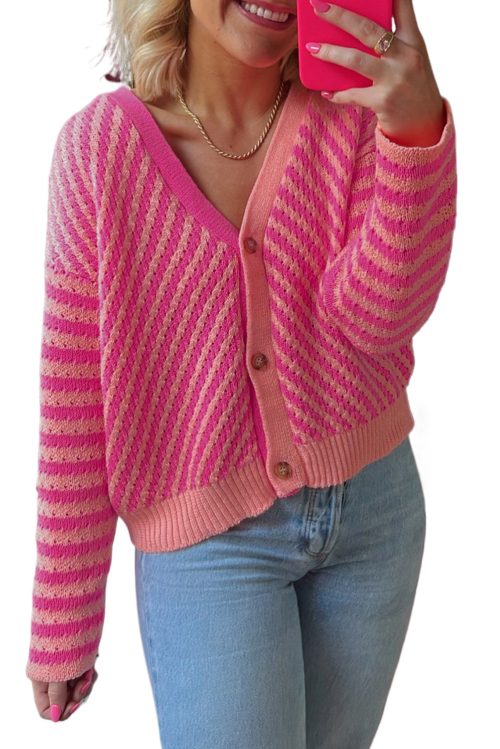 Women's Pink Striped Buttoned V Neck Drop Shoulder Cardigan - Elegant Fall Sweater