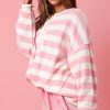 Women's Cozy Pink Stripe Half Button Drop Shoulder Sweater for Casual Wear - Image 3